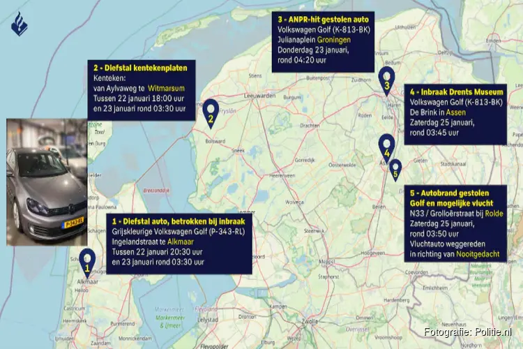 Politie zoekt info over uitgebrande grijze VW Golf, betrokken bij inbraak Drents Museum